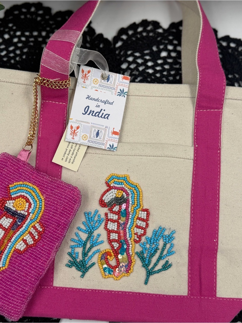 Handcrafted Canvas Tote with Fuchsia Trim and Beaded Seahorse